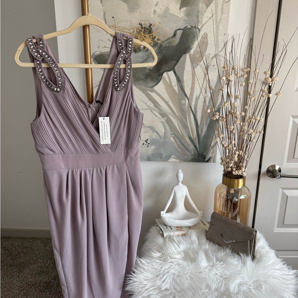 TFNC Pink and Purple Ruched Sheath Midi Dress